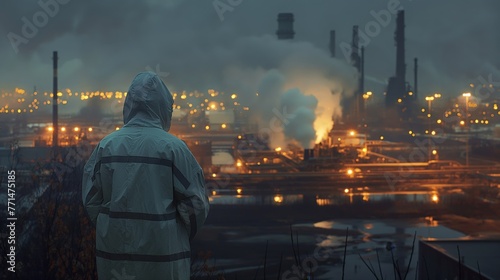 Person in reflective safety gear standing before a bustling industrial landscape at dusk, symbolizing environmental impact.