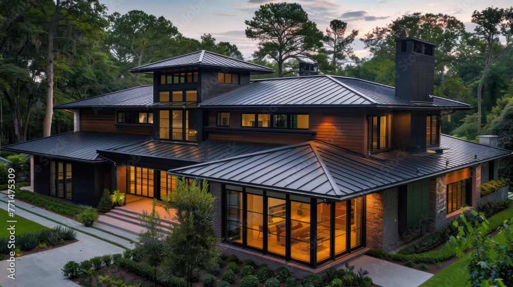 Corrugated metal roof installed on a modern house Corrugated metal roof installed on a modern house