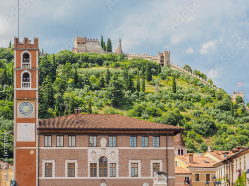 Colorful view of Marostica fortress with two castles and surrounding wall