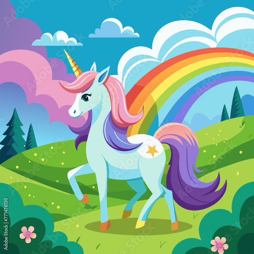 Imagine a serene meadow where a graceful unicorn stands, its iridescent mane flowing gently in the breeze as it gazes at a distant rainbow