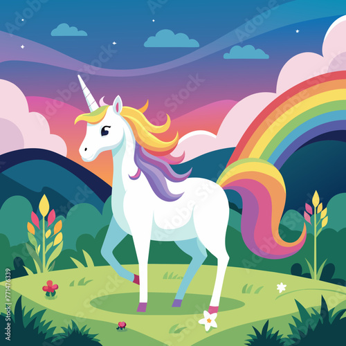 Imagine a serene meadow where a graceful unicorn stands, its iridescent mane flowing gently in the breeze as it gazes at a distant rainbow