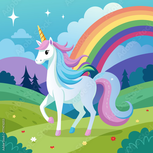 Imagine a serene meadow where a graceful unicorn stands, its iridescent mane flowing gently in the breeze as it gazes at a distant rainbow