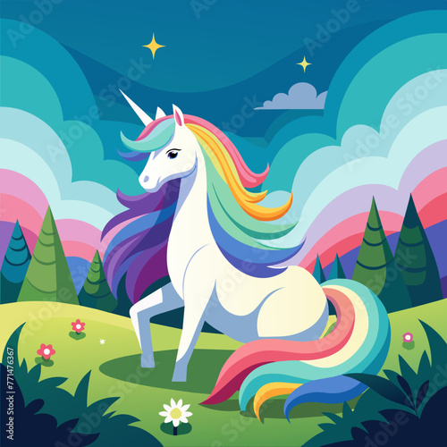 Imagine a serene meadow where a graceful unicorn stands, its iridescent mane flowing gently in the breeze as it gazes at a distant rainbow