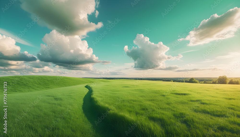 Obraz premium Green field of cut grass into and blue sky beautiful natural scenic panorama 1