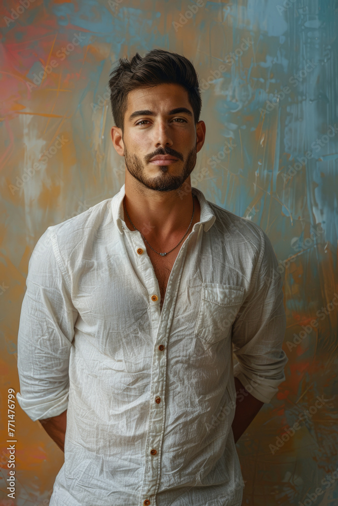 A stylish man with a well-groomed beard poses confidently in a casual white shirt against an abstract colorful backdrop, exuding an aura of casual sophistication. A stylish man with a well-groomed beard poses confidently in a casual white shirt against an abstract colorful backdrop, exuding an aura of casual sophistication.