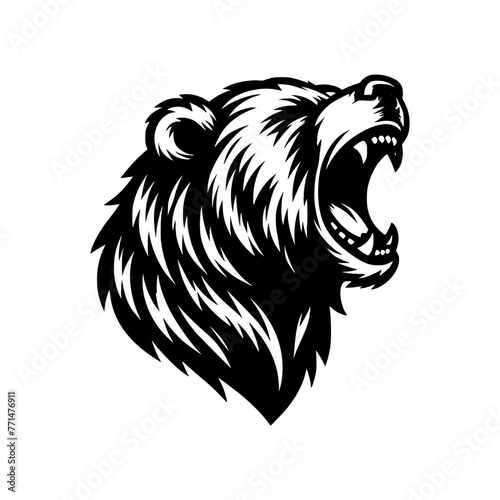 Vector logo of a roaring bear. black and white illustration of a bear head.