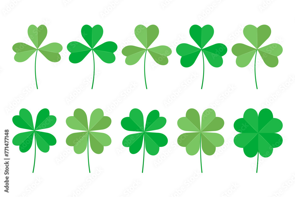 Set of green clover leaves, three and four leaves. Vector illustration isolated on white background. Set of green clover leaves, three and four leaves. Vector illustration isolated on white background.