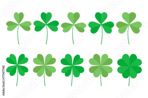 Set of green clover leaves, three and four leaves. Vector illustration isolated on white background.