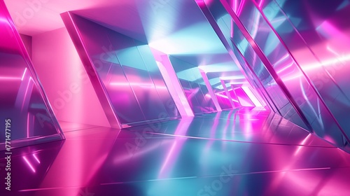 A vibrant corridor with neon lights reflecting on glossy surfaces, evoking a futuristic atmosphere.