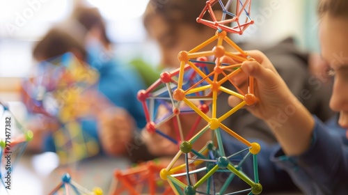 Highlighting hands-on learning in STEM, a detailed macro capture illustrates students engaging with geometric shapes, emphasizing mathematics education.