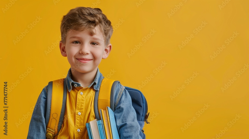 Banner with a smiling schoolboy with a backpack isolated on a yellow background. Horizontal photo with a boy with copy space.