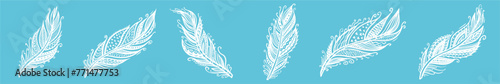 Vector horizontal collection of hand-drawn bird feathers in doodle style