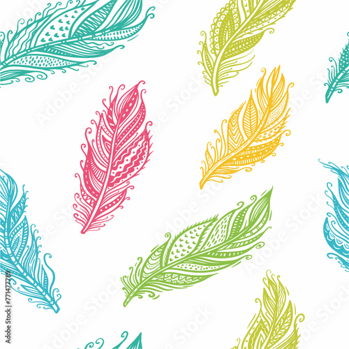 Vector pattern from a collection of hand-drawn bird feathers in the doodle style © Abundzu