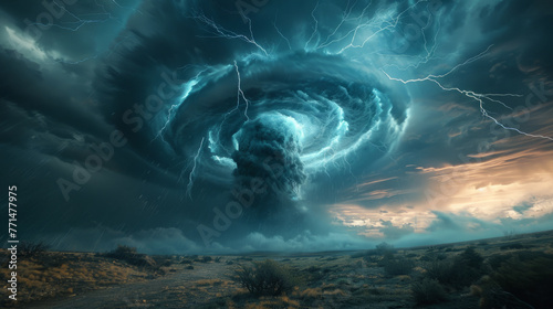 A dramatic digital artwork of a massive tornado with powerful lightning strikes, set against a turbulent sky and a desolate landscape.