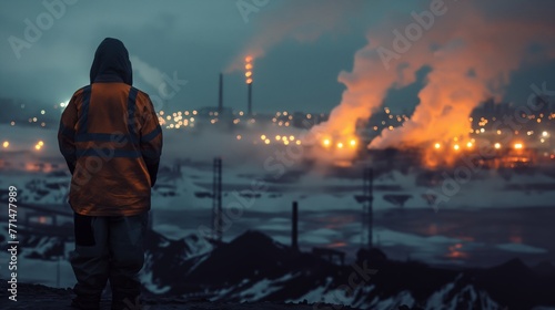 A person stands observing a polluting industrial complex with smoke and flares at dusk.