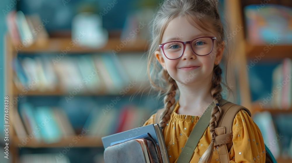 Banner with a smiling schoolgirl with a backpack and books isolated on a blurred library background. Horizontal photo with a girl with copy space. Banner with a smiling schoolgirl with a backpack and books isolated on a blurred library background. Horizontal photo with a girl with copy space.