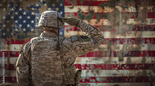 US Marine Corps soldier in a salute, against a backdrop of the American flag, reflecting the honor and duty of military service.