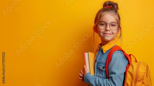 Banner with a smiling schoolgirl with a backpack and books isolated on a yellow background. Horizontal photo with a girl with copy space.