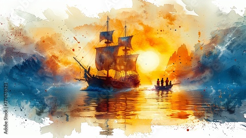 A pirate ship adventure with Peter Pan and children, in dynamic watercolor, clipart isolated on a white background photo