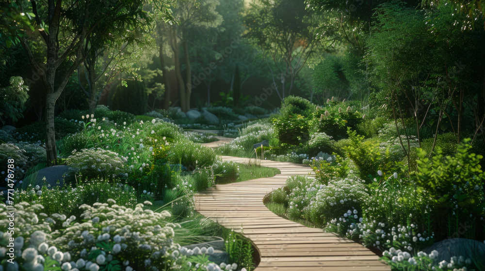 Lush garden pathway surrounded by vibrant greenery and white flowers with sunlight filtering through the foliage. Lush garden pathway surrounded by vibrant greenery and white flowers with sunlight filtering through the foliage.