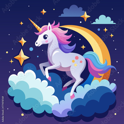 Picture a celestial scene in which a celestial 3D unicorn with ethereal wings gracefully descends from the heavens  surrounded by twinkling stars and clouds