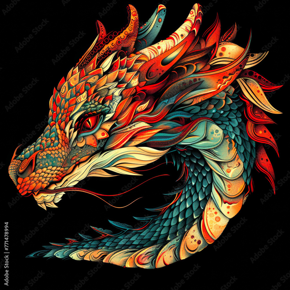 Majestic ornamental dragon head on a black background. Decorative illustration