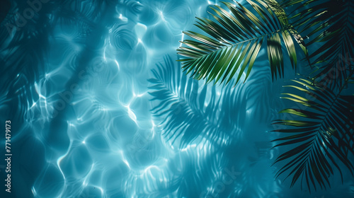 Palm leaves on the water's surface, beautiful summer picture, summer concept, vacation on the beach, vacation advertisement