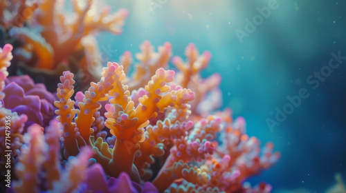 Close-up of vibrant coral reef underwater with sunlight filtering through the water, highlighting the textures and colors of the coral. © ChubbyCat