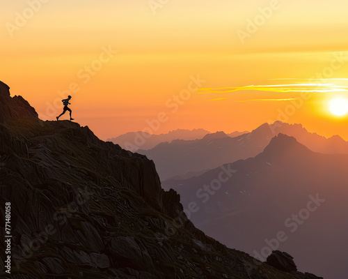 A lone trail runner's silhouette on a mountain ridge at sunrise