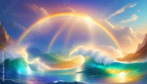 Fantasy vacation holiday art rainbow sea illustration  AI generated