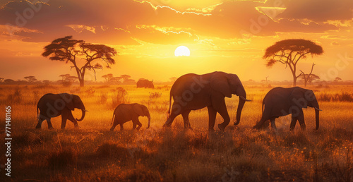An elephant family is walking through the savannah at dusk, with tall grass and acacia trees in the background