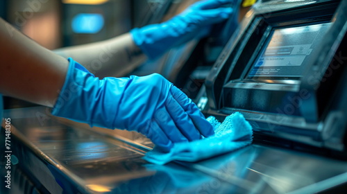 A person using a disinfectant wipe to clean and sanitize the touchscreen of an ATM machine. - Disinfector
