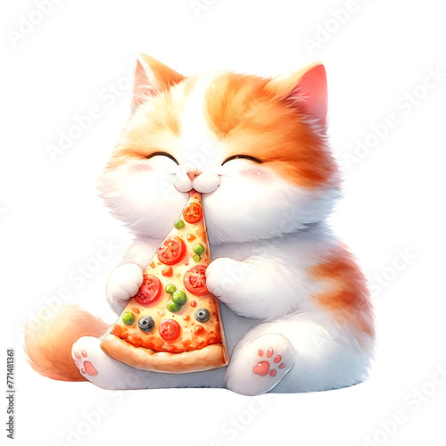 Cute watercolor animal character is sitting and eating pizza clipart of cat