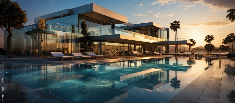 Modern architecture with a pool, concrete and glass facade at sunset
