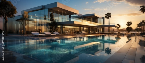 Modern architecture with a pool, concrete and glass facade at sunset photo