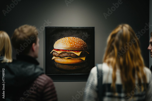 Museum-goers observing a lifelike painting of a cheeseburger, showcased in a dark room, inviting culinary curiosity and artistic intrigue