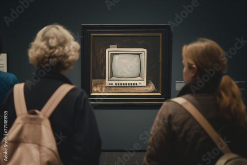 Art enthusiasts in a gallery observe a vintage computer set painting, evoking nostalgia and reflection on technological evolution photo