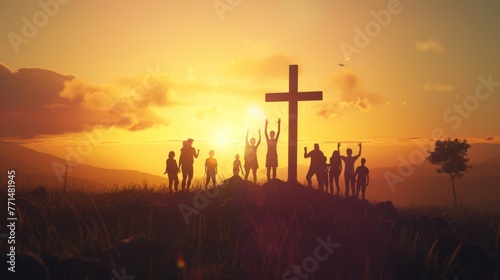 Silhouetted figures gather around a cross on a hill during a serene sunset