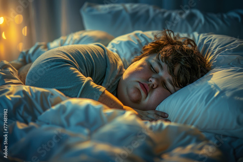 Boy Sleeping Peacefully in Bed at Dawn.