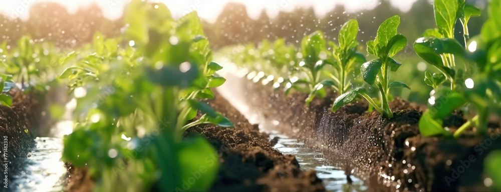 Sunlight streaming over a young crop field with water irrigation. Watering young cultivated green plants in the garden.