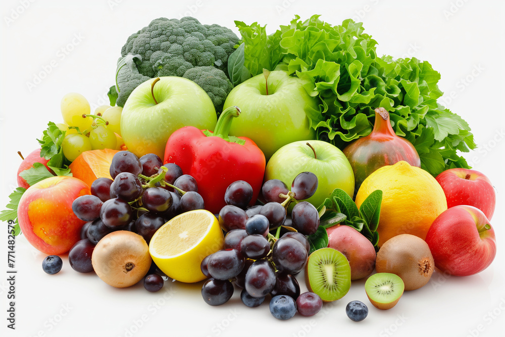 A variety of fruits and vegetables are displayed on a white background. Concept of abundance and health, as it showcases a diverse selection of fresh produce. The arrangement of the fruits A variety of fruits and vegetables are displayed on a white background. Concept of abundance and health, as it showcases a diverse selection of fresh produce. The arrangement of the fruits