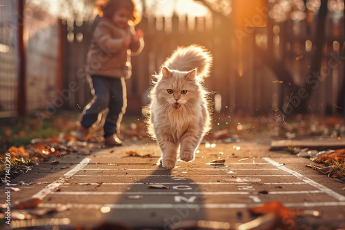 Cat leaping over hopscotch, child cheering, front view, golden hour light, joyful atmosphere , hyper realistic photo