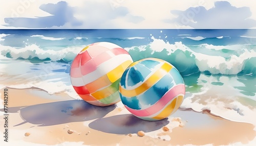 Summer vacation recreation beach and colorful ball illustration, AI generated