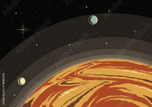 Planet Orbit Panorama, Moons, Stars, Asteroid, Deep Space Vector Illustration