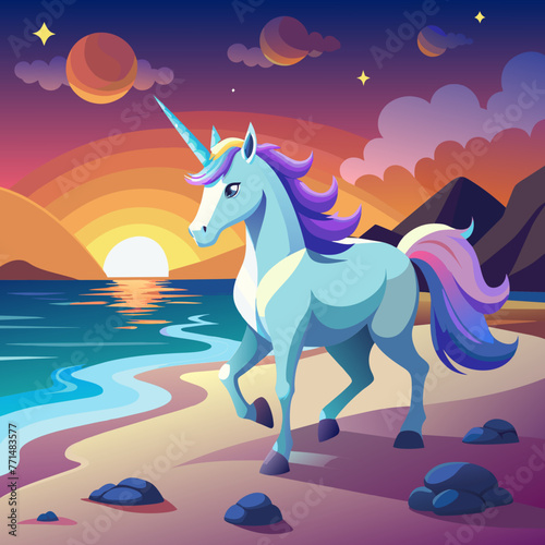 Transport yourself to a tranquil beach at sunset, where a magnificent 3D unicorn with a horn aglow in the fading light frolics along the shoreline, leaving behind sparkling footprints in the sand