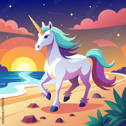 Transport yourself to a tranquil beach at sunset, where a magnificent 3D unicorn with a horn aglow in the fading light frolics along the shoreline, leaving behind sparkling footprints in the sand