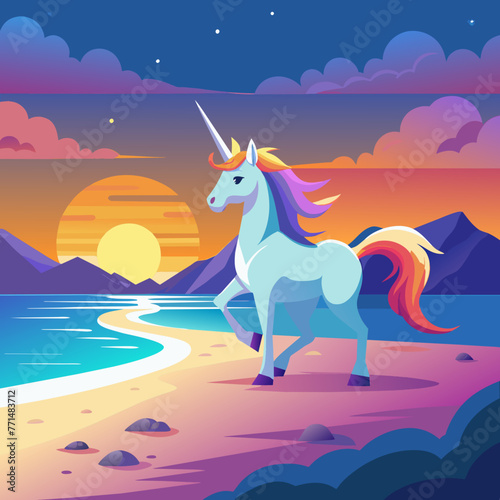 Transport yourself to a tranquil beach at sunset, where a magnificent 3D unicorn with a horn aglow in the fading light frolics along the shoreline, leaving behind sparkling footprints in the sand