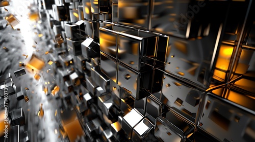 Abstract 3D rendering of a futuristic city. The image features a large number of reflective black cubes arranged in a staggered pattern.