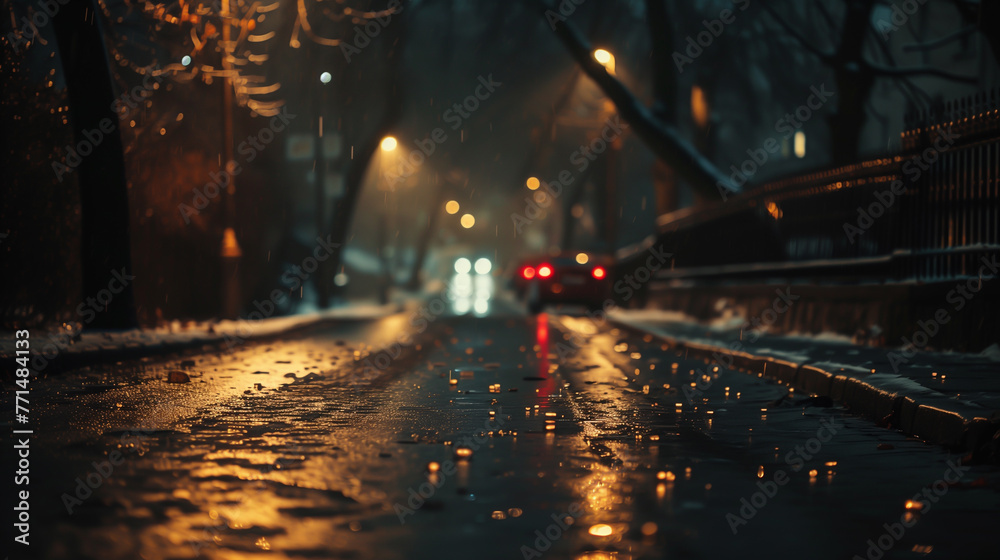 Wet street at night, car, dusk, city life, illuminated