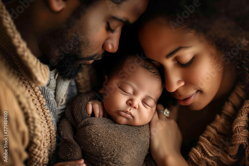African man and woman are holding a baby. The baby is wrapped in a blanket. Scene is warm and loving.